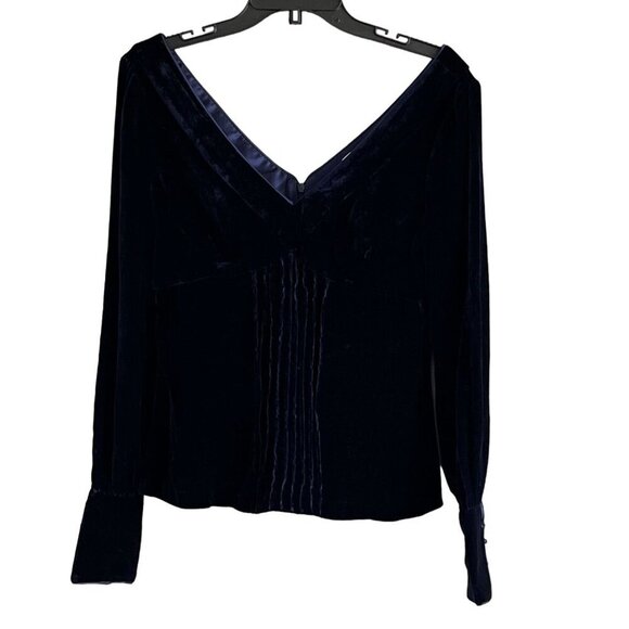 Alice & Olivia‎ Deep V-Neck Velvet Blouse Button Cuff Pintuck Detail Navy Medium - Picture 1 of 10